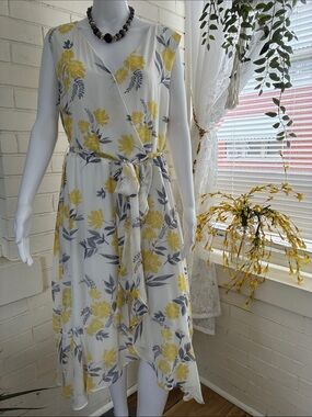 Yellow Floral Asymmetrical Wrap Dress - Sleeveless